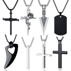 8 Pcs Necklace for Men, Mens Necklaces Jewelry Set, Black and Silver